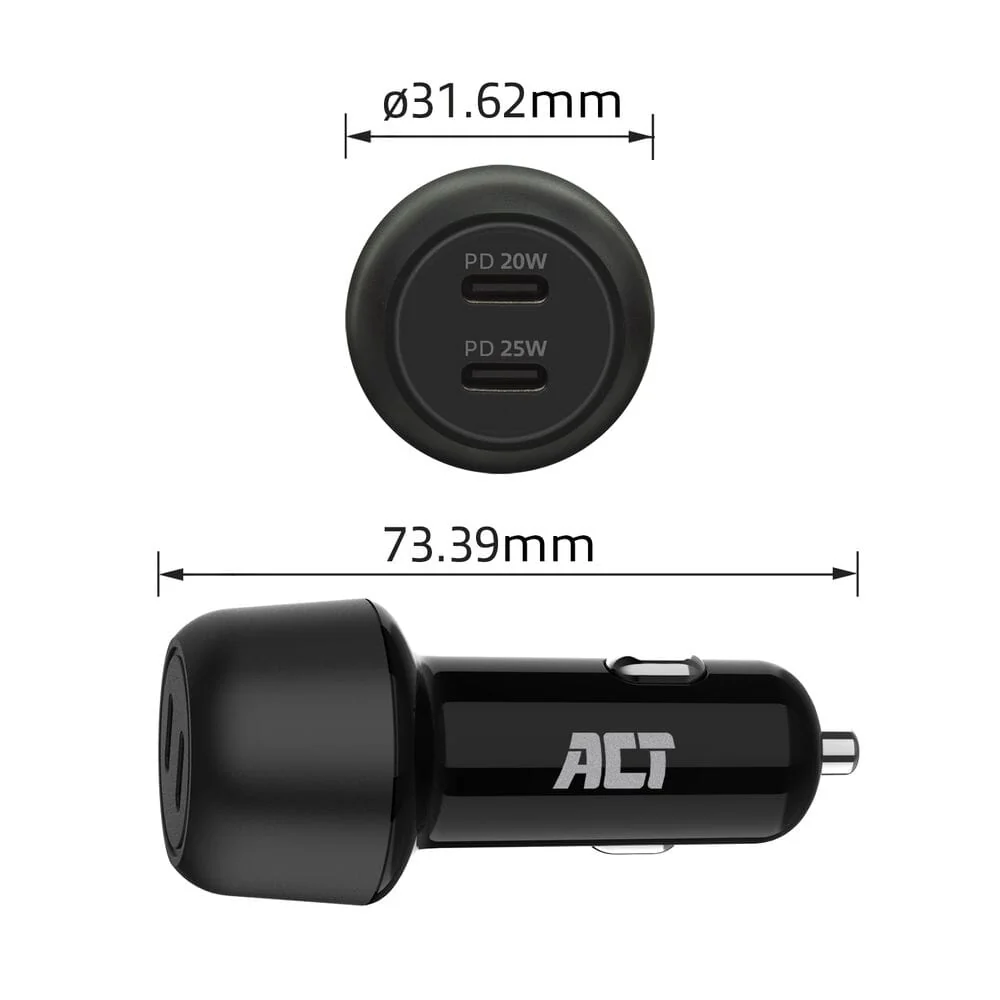 ACT 2-poorts USB-C Fast Charge Autolader 45W - Image 4