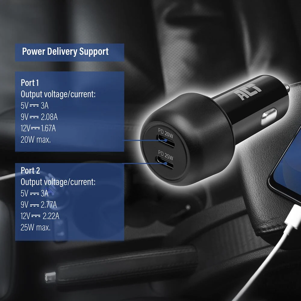 ACT 2-poorts USB-C Fast Charge Autolader 45W - Image 5