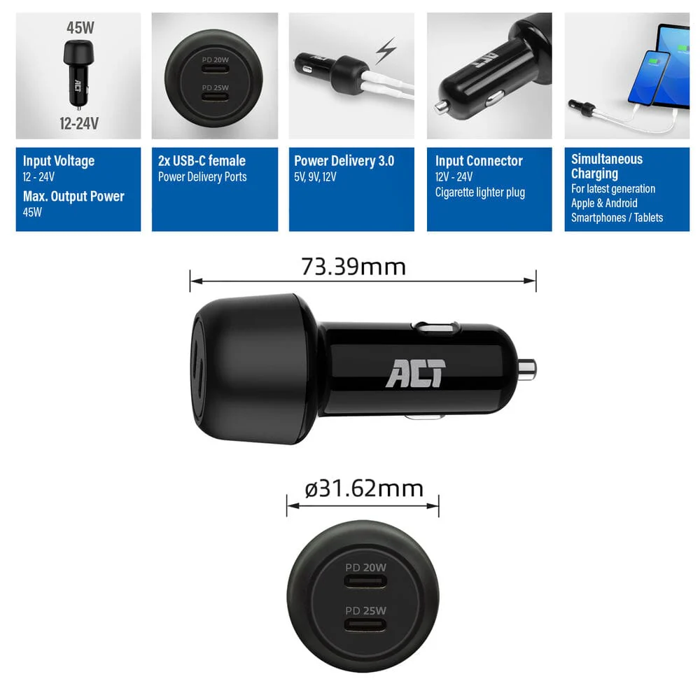 ACT 2-poorts USB-C Fast Charge Autolader 45W - Image 6
