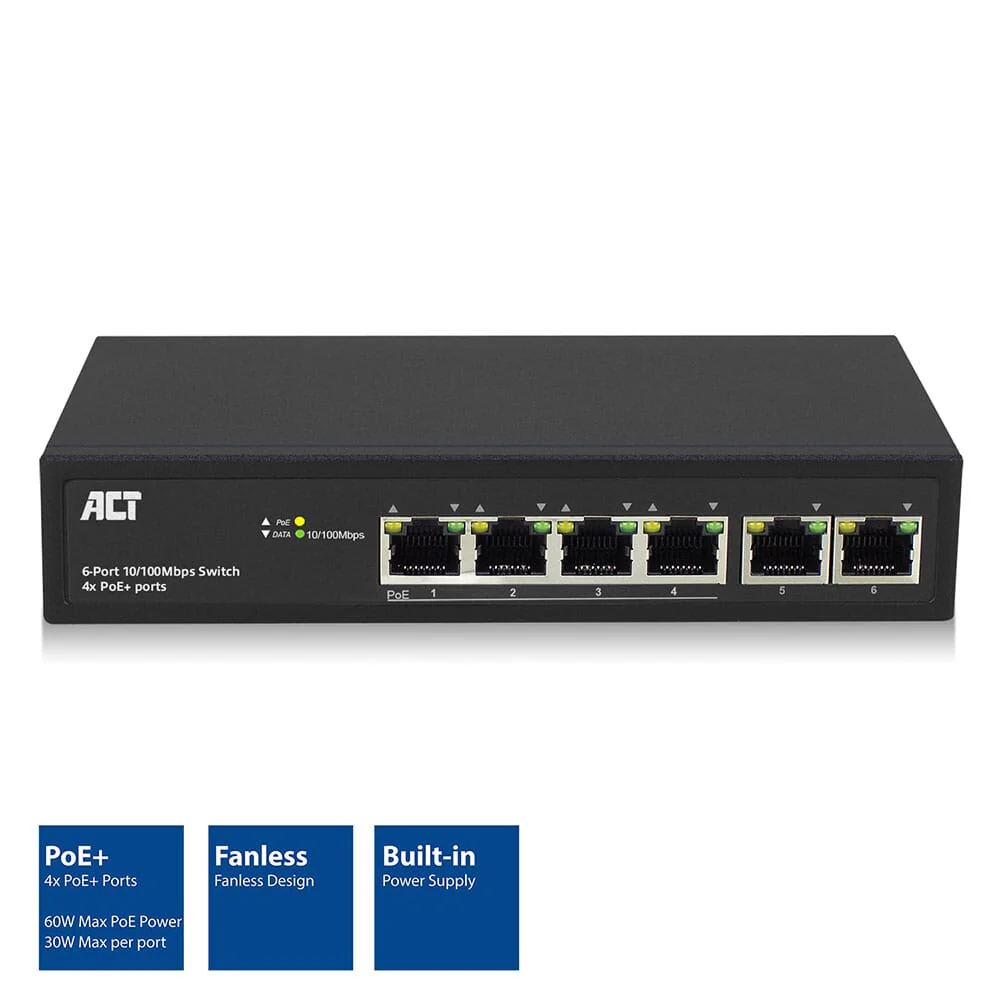 ACT 6 poorts netwerkswitch 10/100Mbps. 4x PoE+ (30W) poorten - Image 3