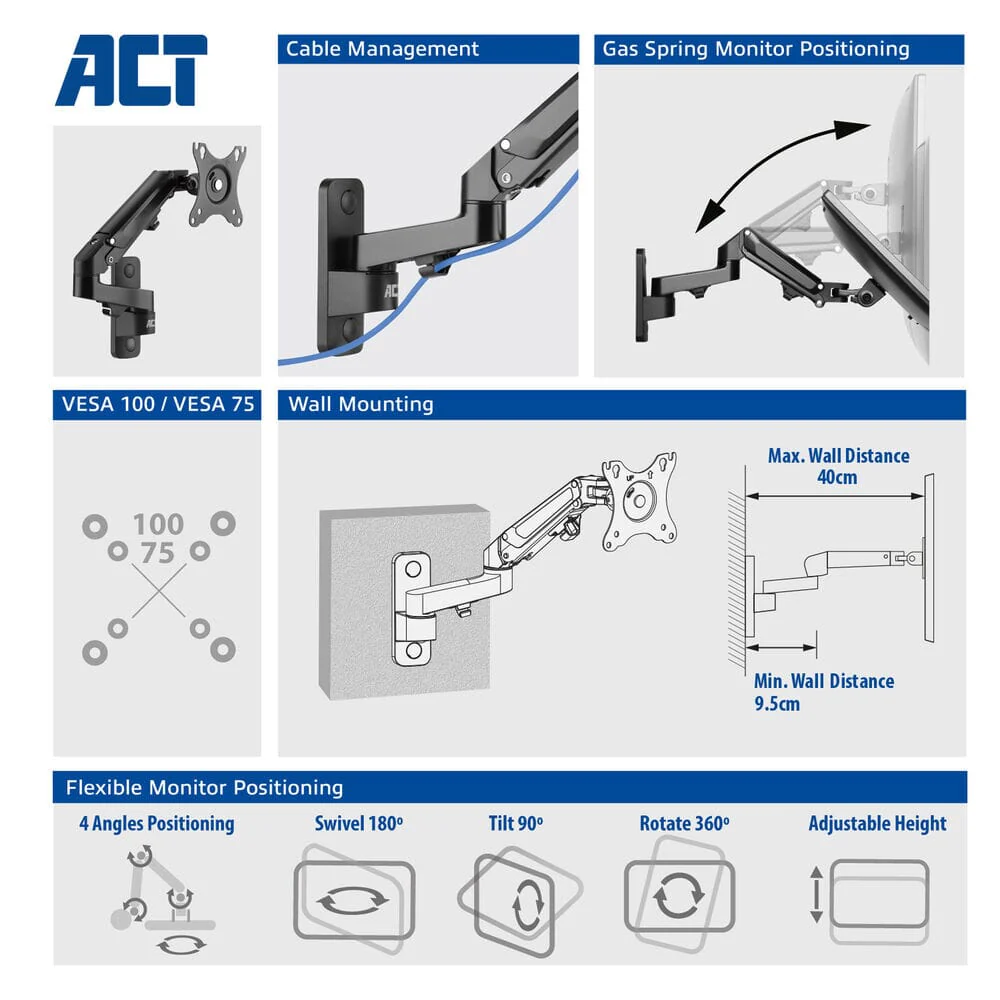 ACT Monitorarm, muurbeugel met gasveer, 1 scherm - Image 4