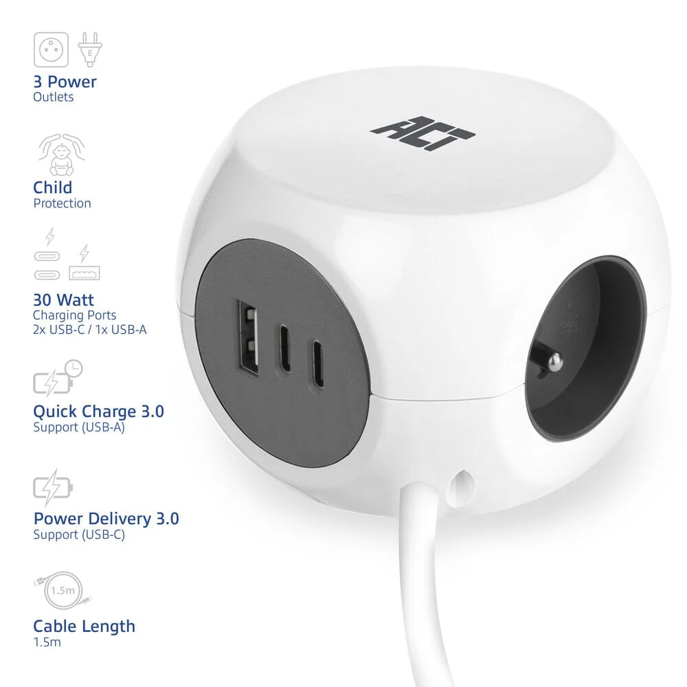 ACT Power strip cube with 3 sockets (type E), 30W PD - Image 3