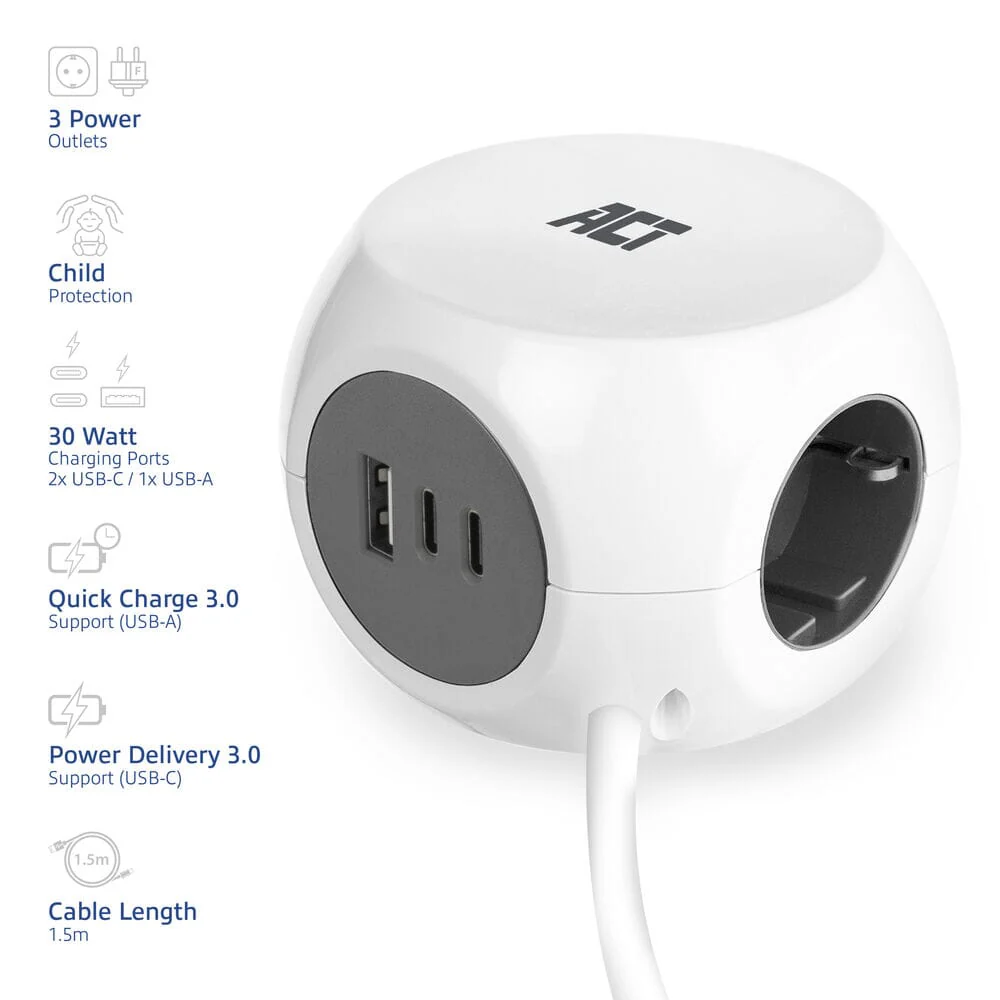 ACT Power strip cube with 3 sockets (type F), 30W PD - Image 3