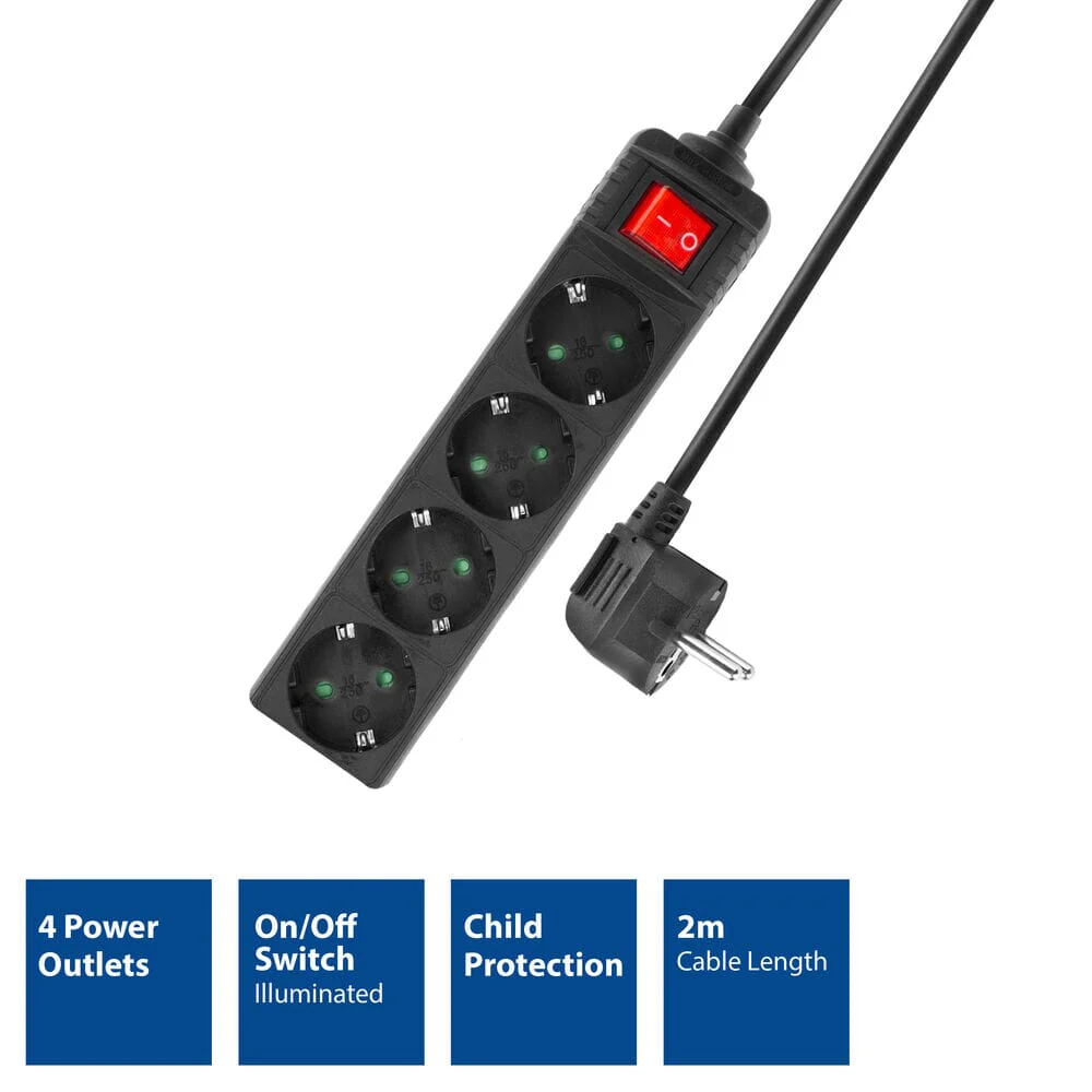 ACT Stekkerdoos met schakelaar, 4 sockets, 2 m, zwart - Image 2