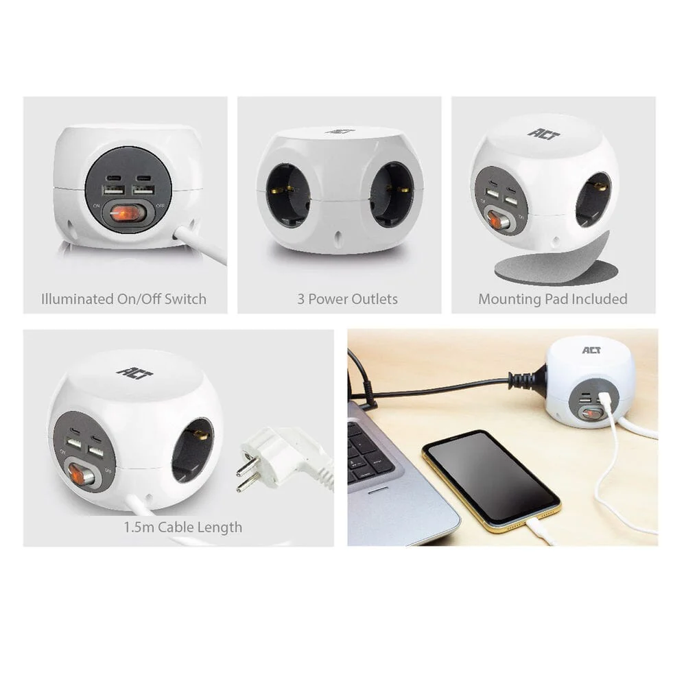 ACT Stekkerdoos met USB-C/A-poorten, 3 sockets, 1,5m, wit - Image 6