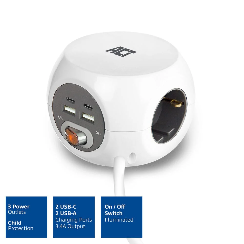 ACT Stekkerdoos met USB-C/A-poorten, 3 sockets, 1,5m, wit - Image 8