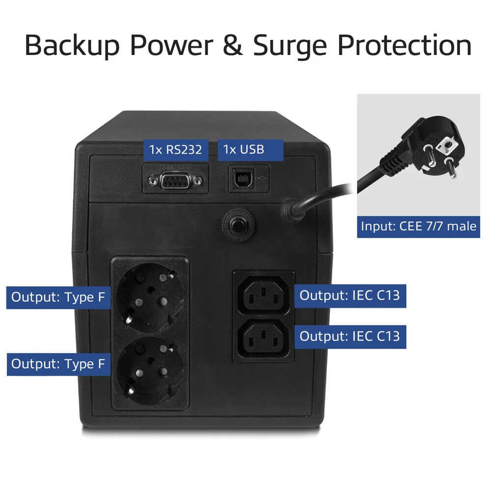 ACT UPS 1000 VA 2x IEC C13 2x type F female, 1x USB 1x RS232 - Image 6