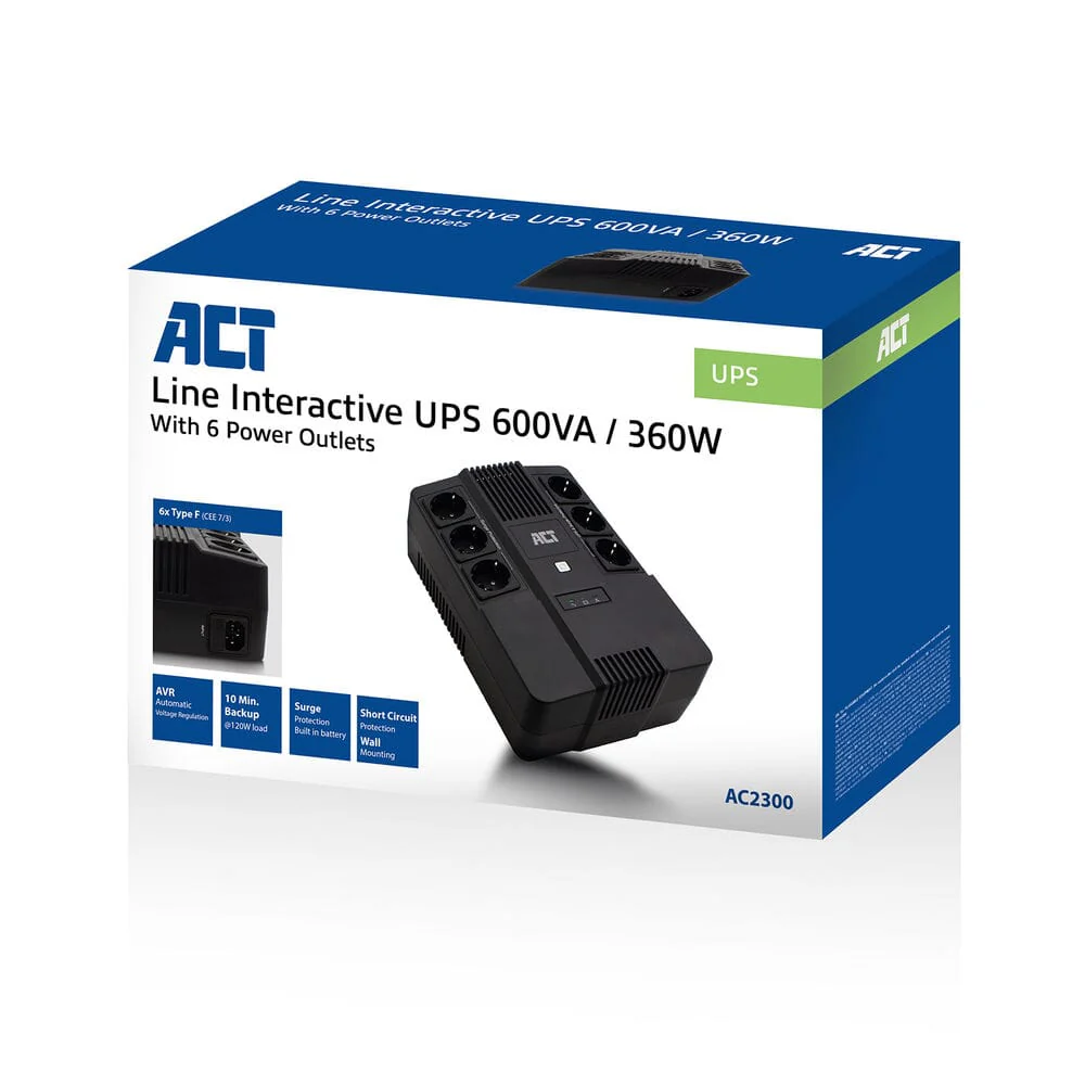 ACT UPS, 600VA, 6x Type F outlet, 1x IEC C14 input, 230V AVR - Image 2