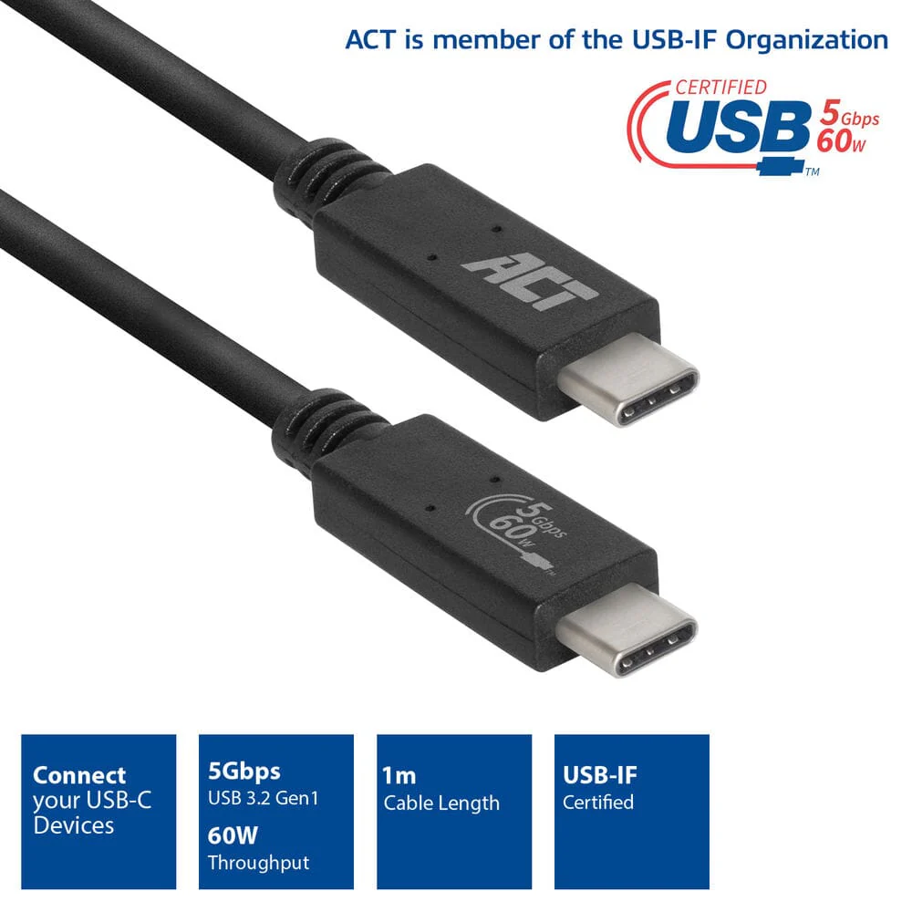 ACT USB 3.2 Gen1 aansluitkabel C male - C male 1 m - Image 2