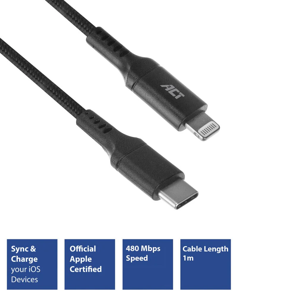 ACT USB A naar Lightning laad- en datakabel 1m nylon - zwart - Image 2
