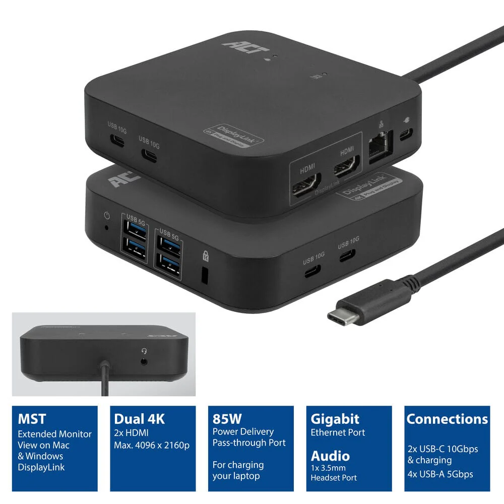 ACT USB-C Docking Station 4K, voor 2 monitoren - Image 2