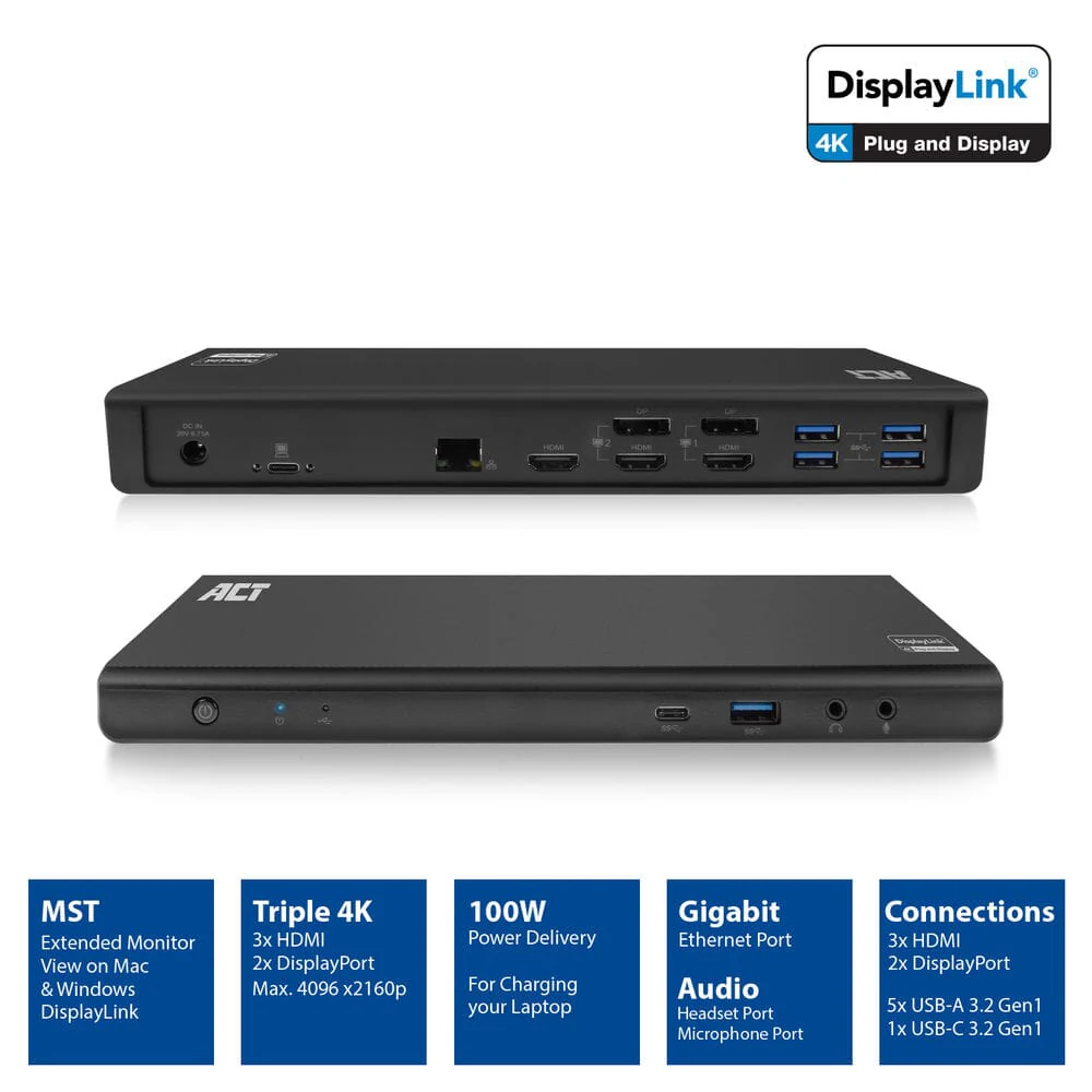 ACT USB-C Docking Station 4K, voor 2 of 3 monitoren - Image 2