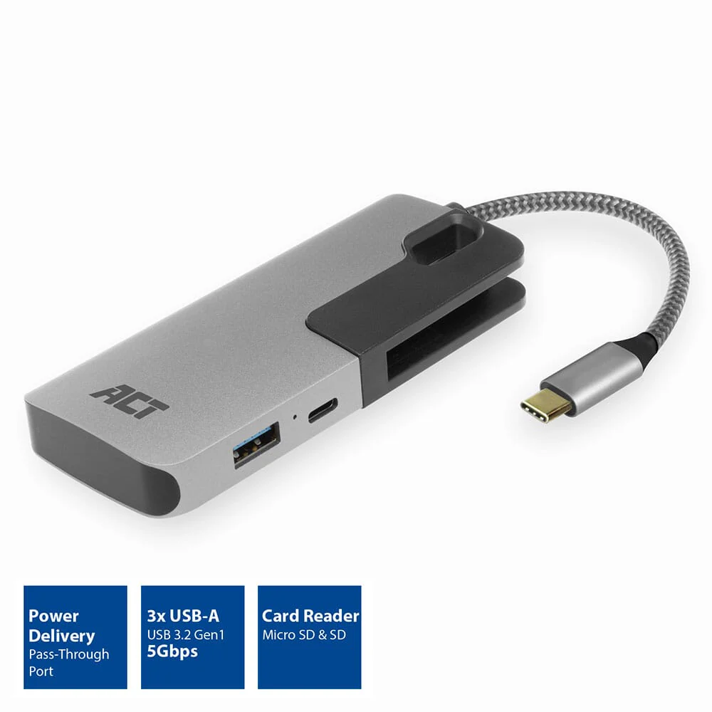 ACT USB-C hub 3.0, 3 poorts, cardreader, PD pass-through - Image 2