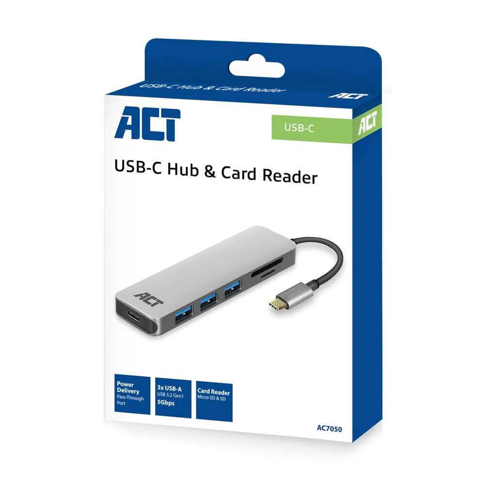 ACT USB-C hub 3.0, 3x USB-A, cardreader, PD pass-through - Image 4