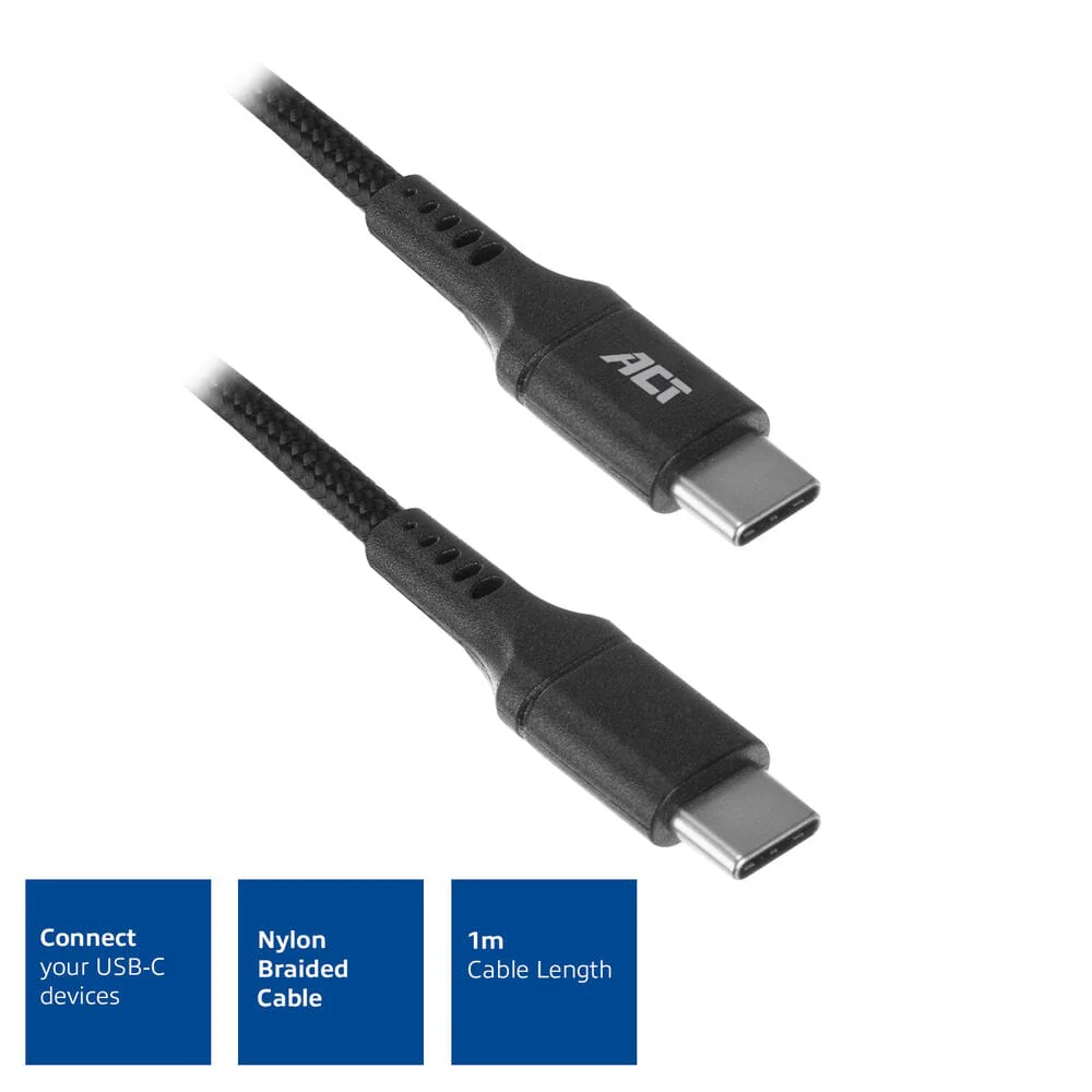 ACT USB-C male naar USB-C male laad- en datakabel 1m nylon - Image 2