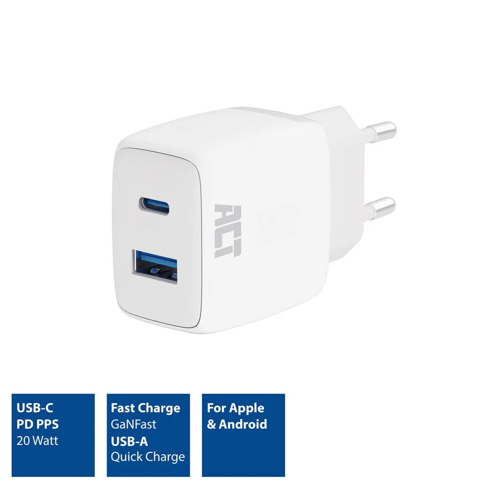 ACT USB-C & USB-A charger 20W PD PPS, Quick Charge, GaNFast - Image 2