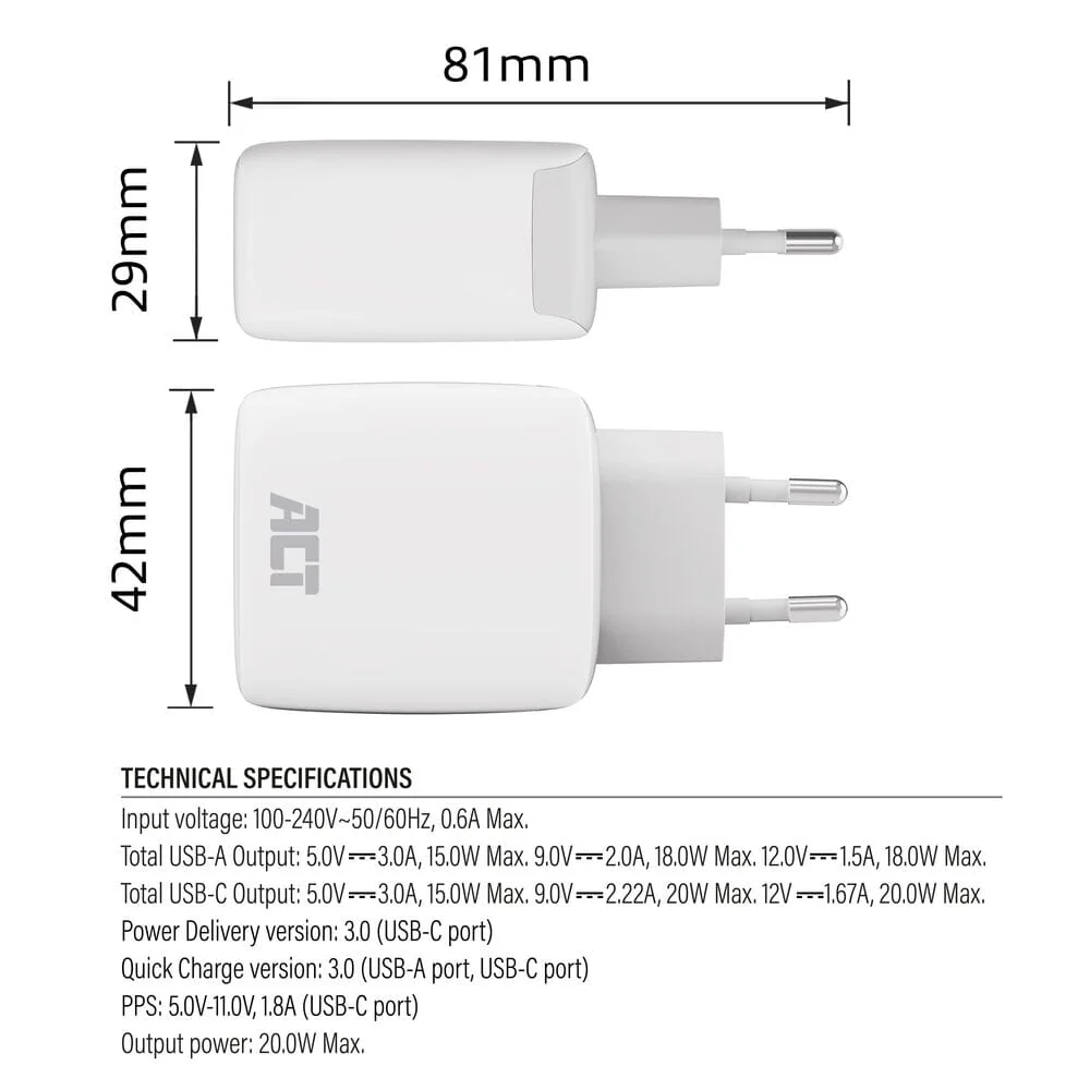 ACT USB-C & USB-A charger 20W PD PPS, Quick Charge, GaNFast - Image 7