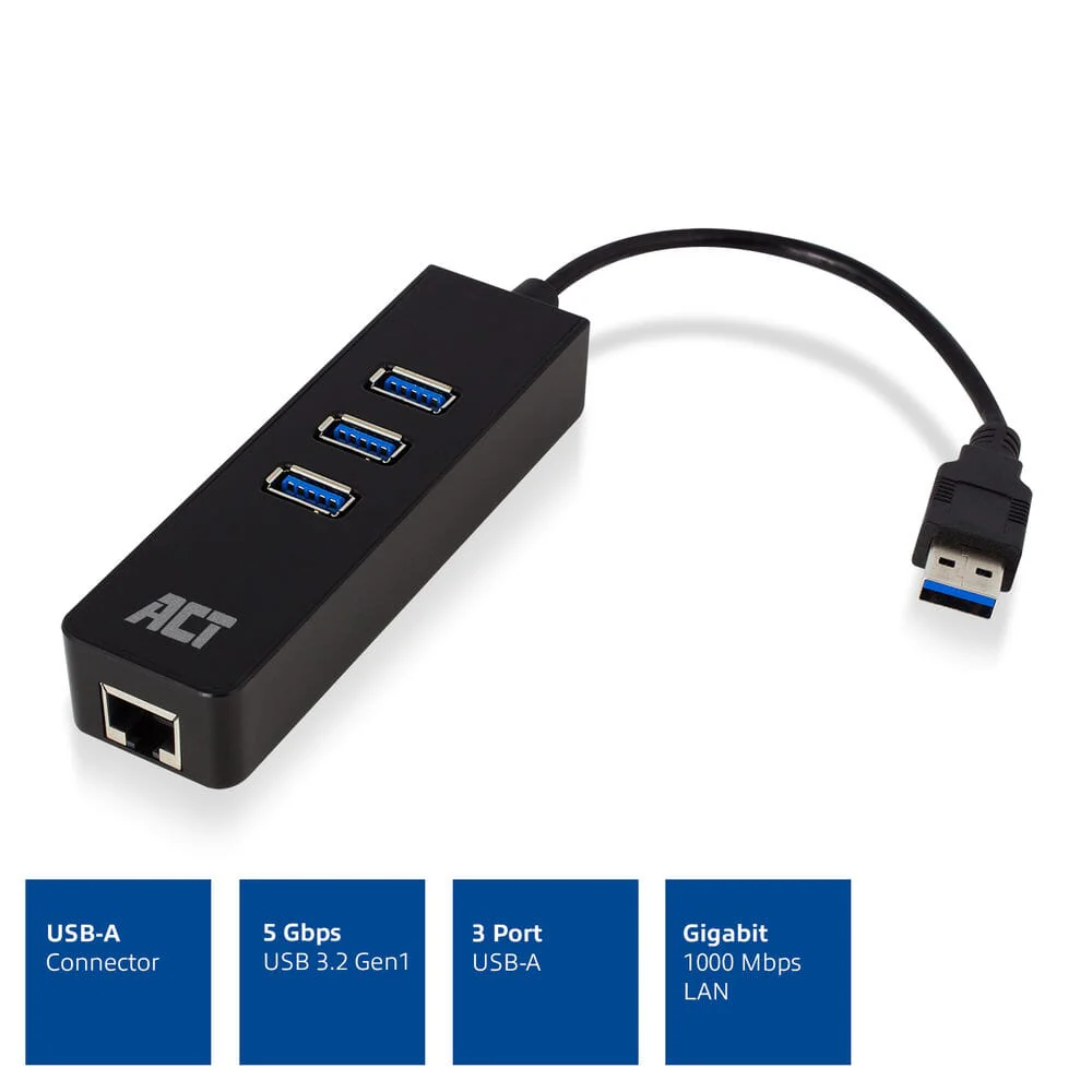 ACT USB Hub 3.2 3x USB-A ethernet, zwart - Image 2