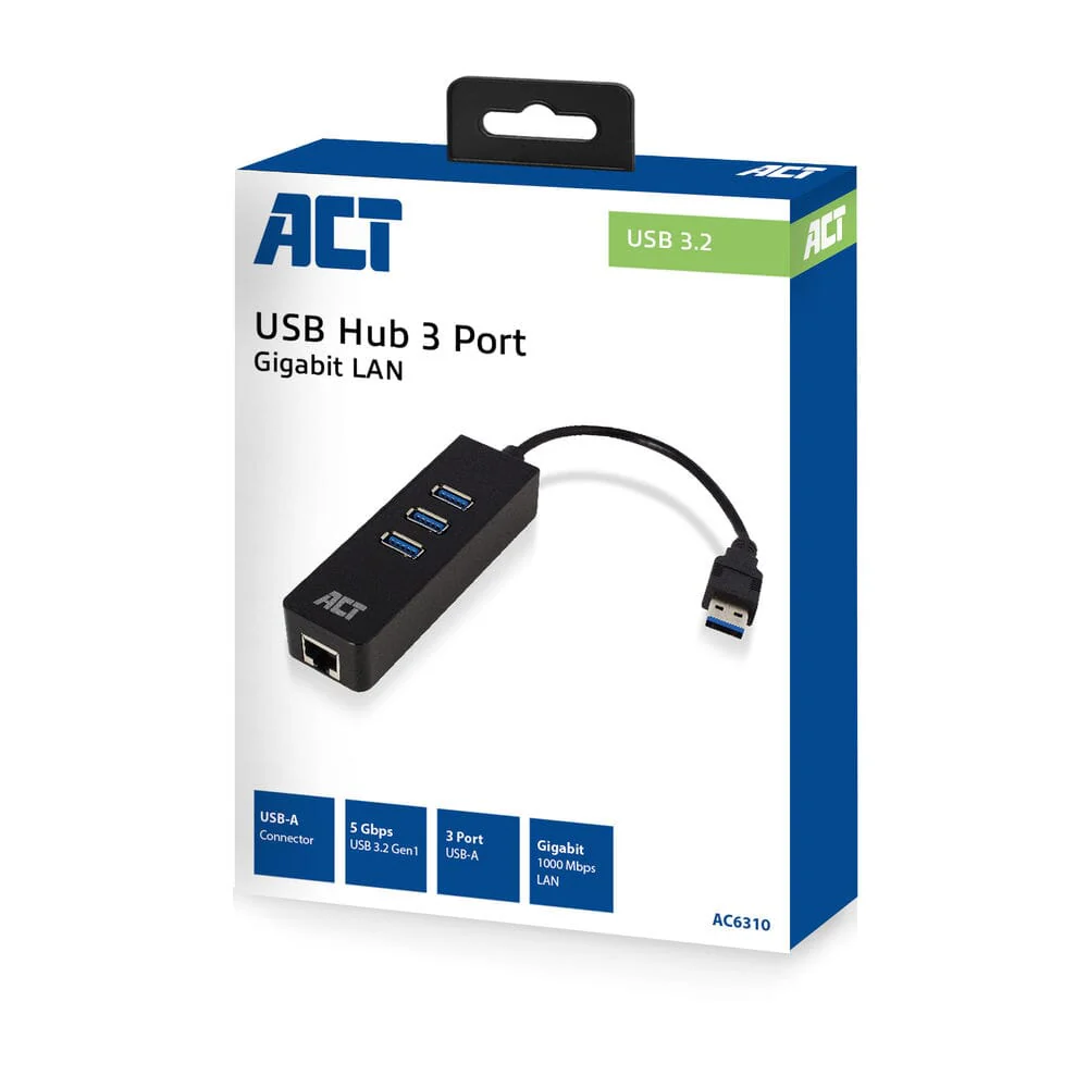 ACT USB Hub 3.2 3x USB-A ethernet, zwart - Image 3