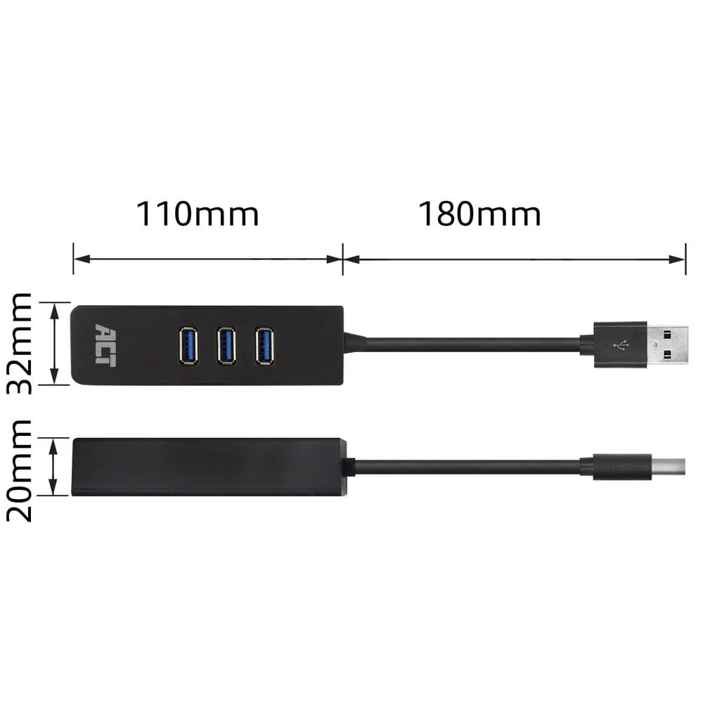 ACT USB Hub 3.2 3x USB-A ethernet, zwart - Image 5