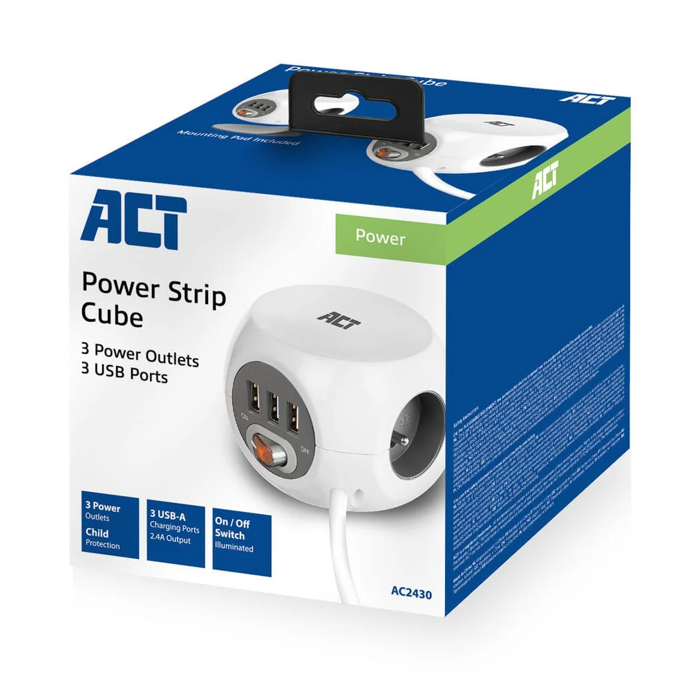 ACT Vierkante stekkerdoos (PDU) met 3 sockets type E 1,5m - Image 5
