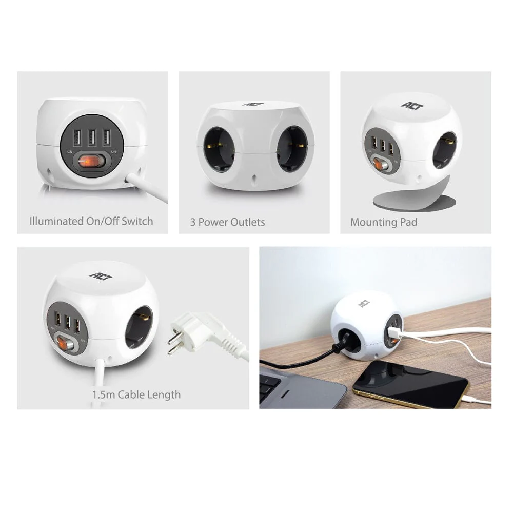 ACT Vierkante stekkerdoos (PDU) met 3 sockets type F 1,5m - Image 2