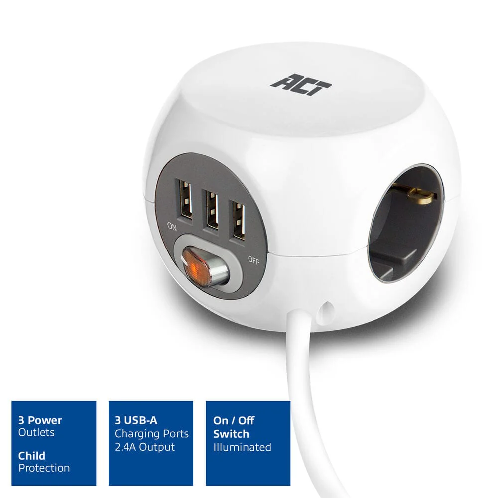 ACT Vierkante stekkerdoos (PDU) met 3 sockets type F 1,5m - Image 3