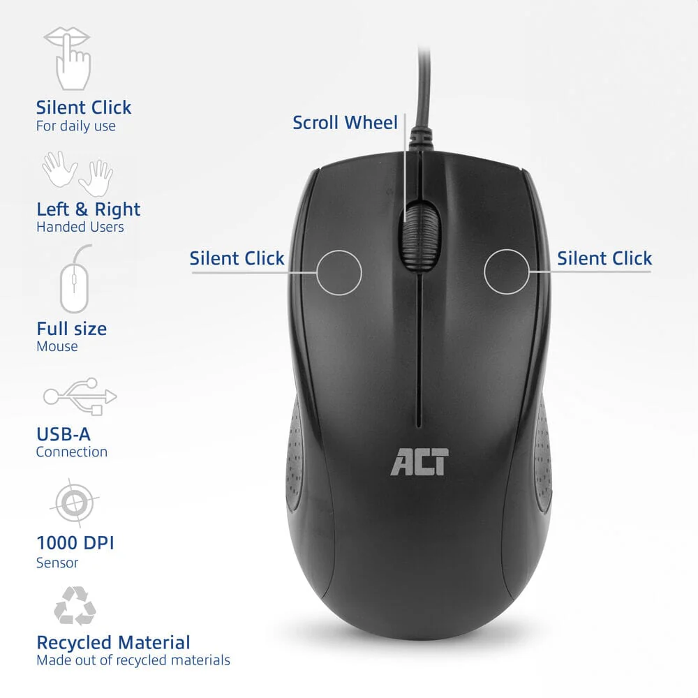 ACT Wired full-size optical mouse 1000 DPI, silent click - Image 2
