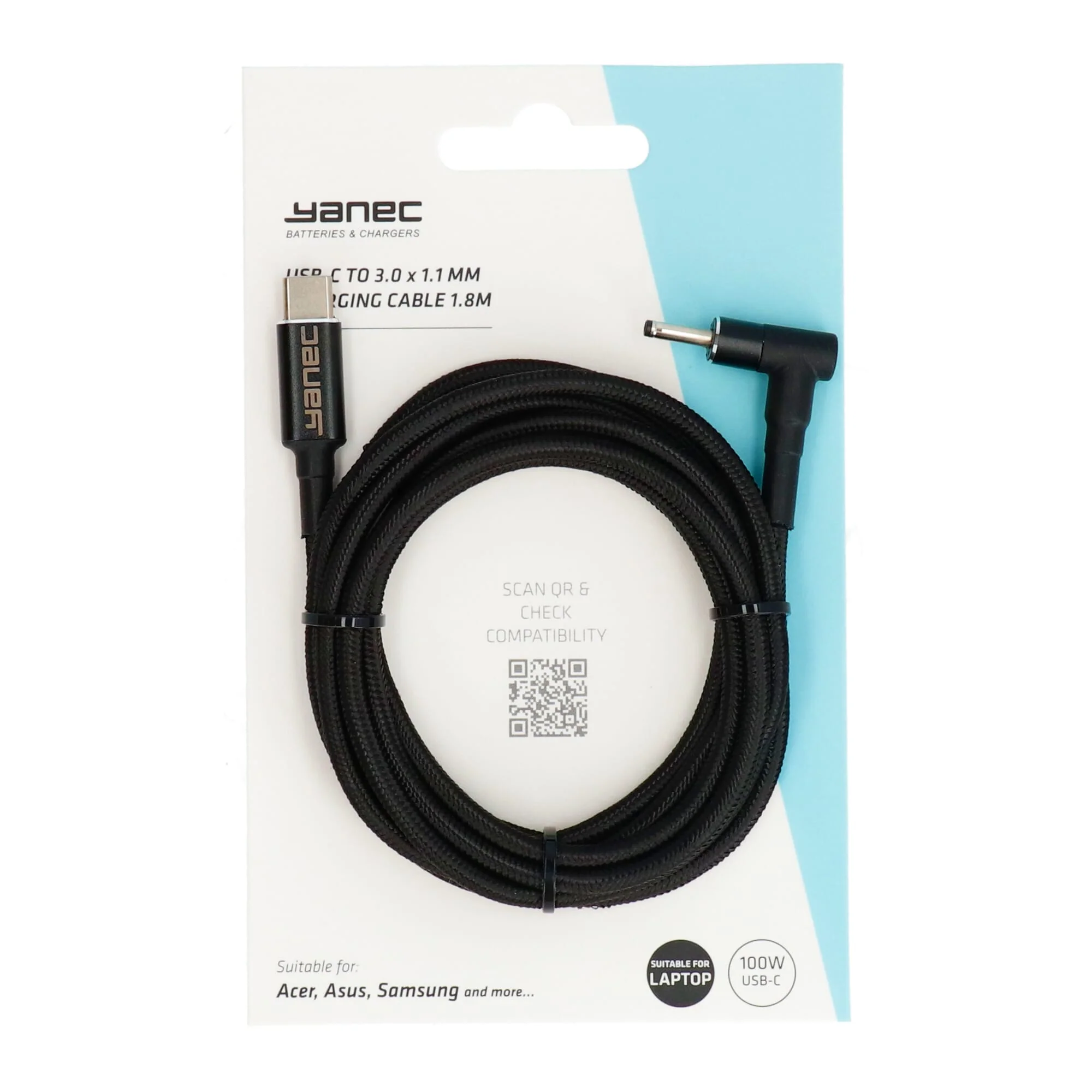 Yanec USB-C naar 3.0 x 1.1 mm laadkabel 1.8m - Image 3