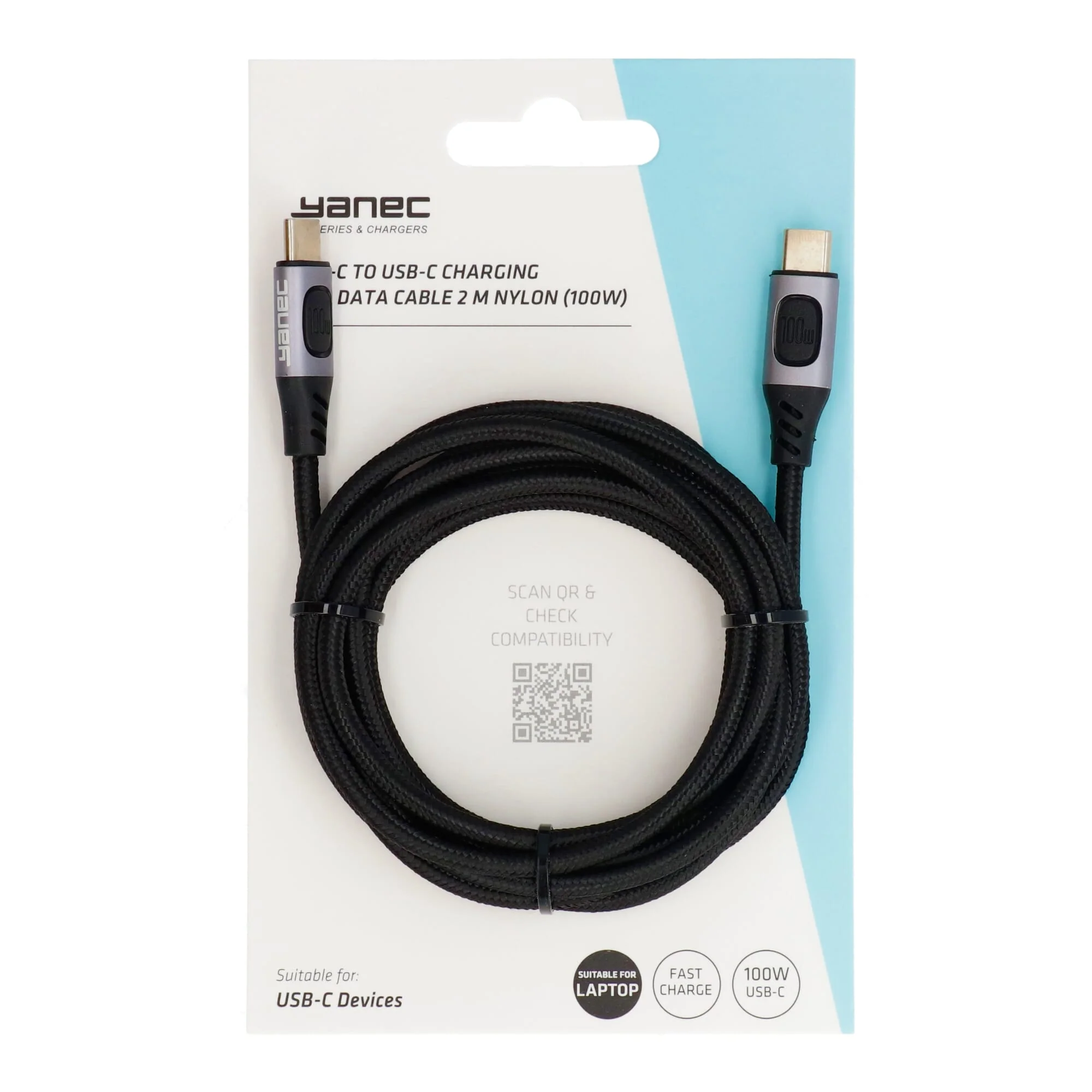 Yanec USB-C naar USB-C laad- en datakabel 2m nylon (100W) - Image 3